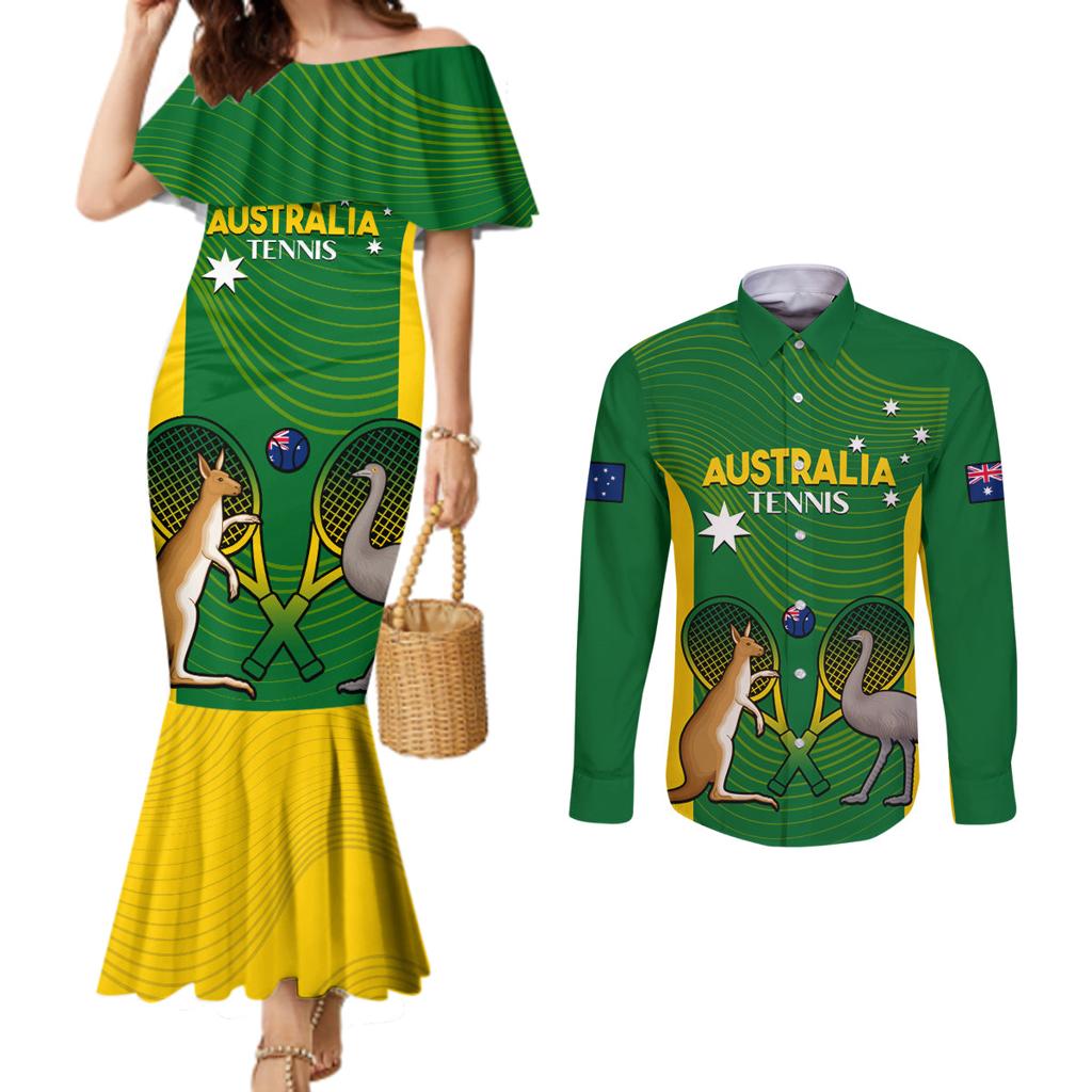 Personalised Australia Tennis Couples Matching Mermaid Dress and Long Sleeve Button Shirt Aussie Pride National Color