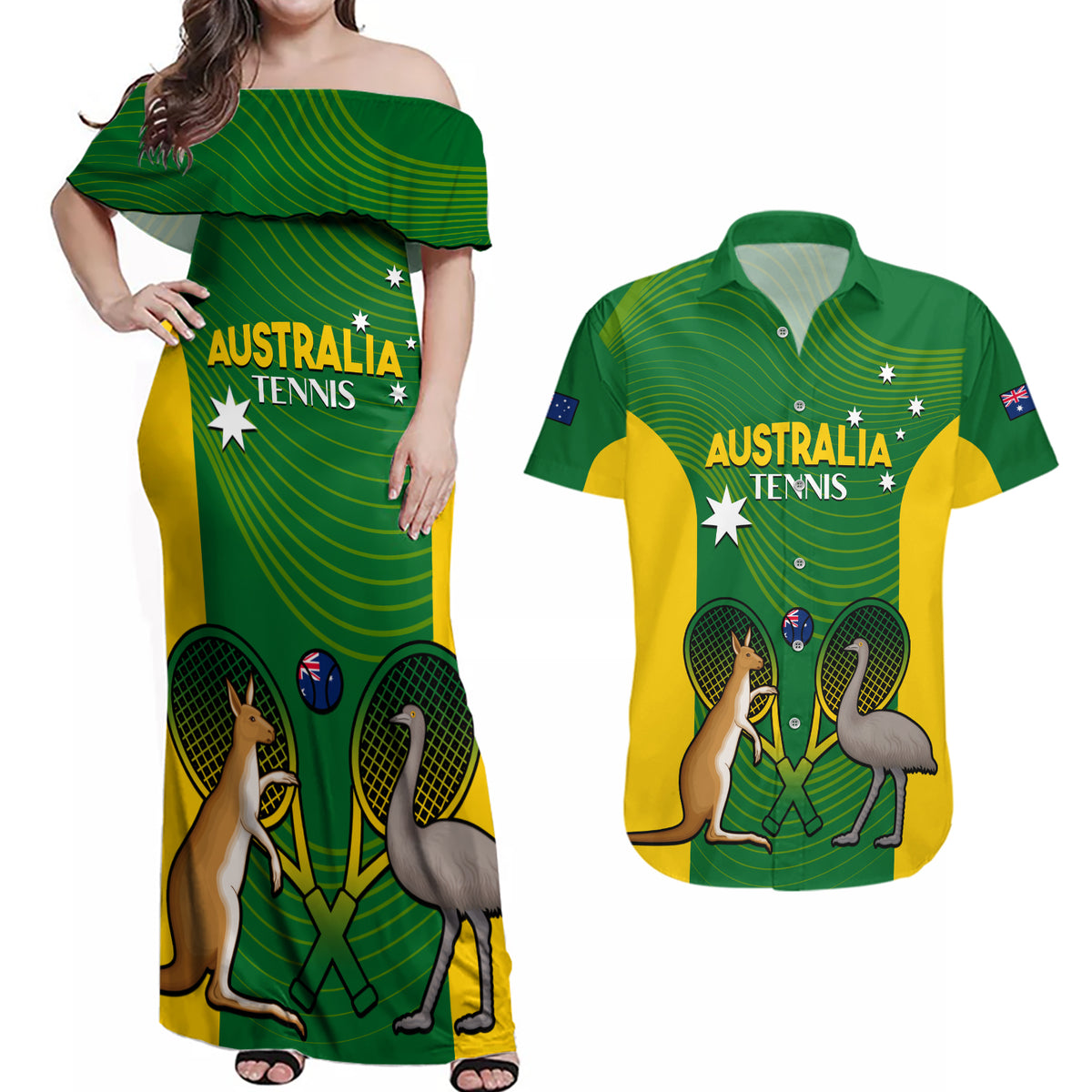 Personalised Australia Tennis Couples Matching Off Shoulder Maxi Dress and Hawaiian Shirt Aussie Pride National Color