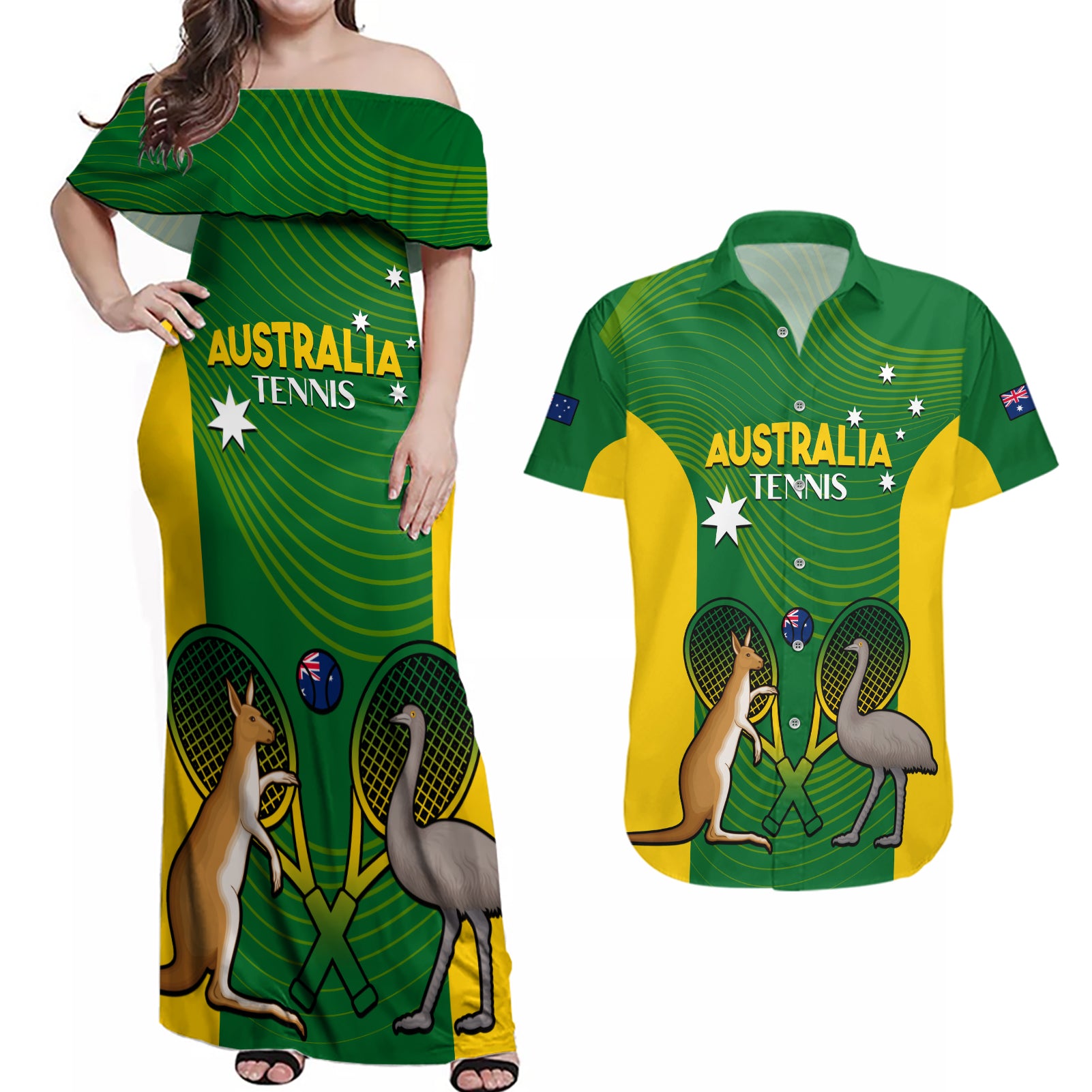 Personalised Australia Tennis Couples Matching Off Shoulder Maxi Dress and Hawaiian Shirt Aussie Pride National Color