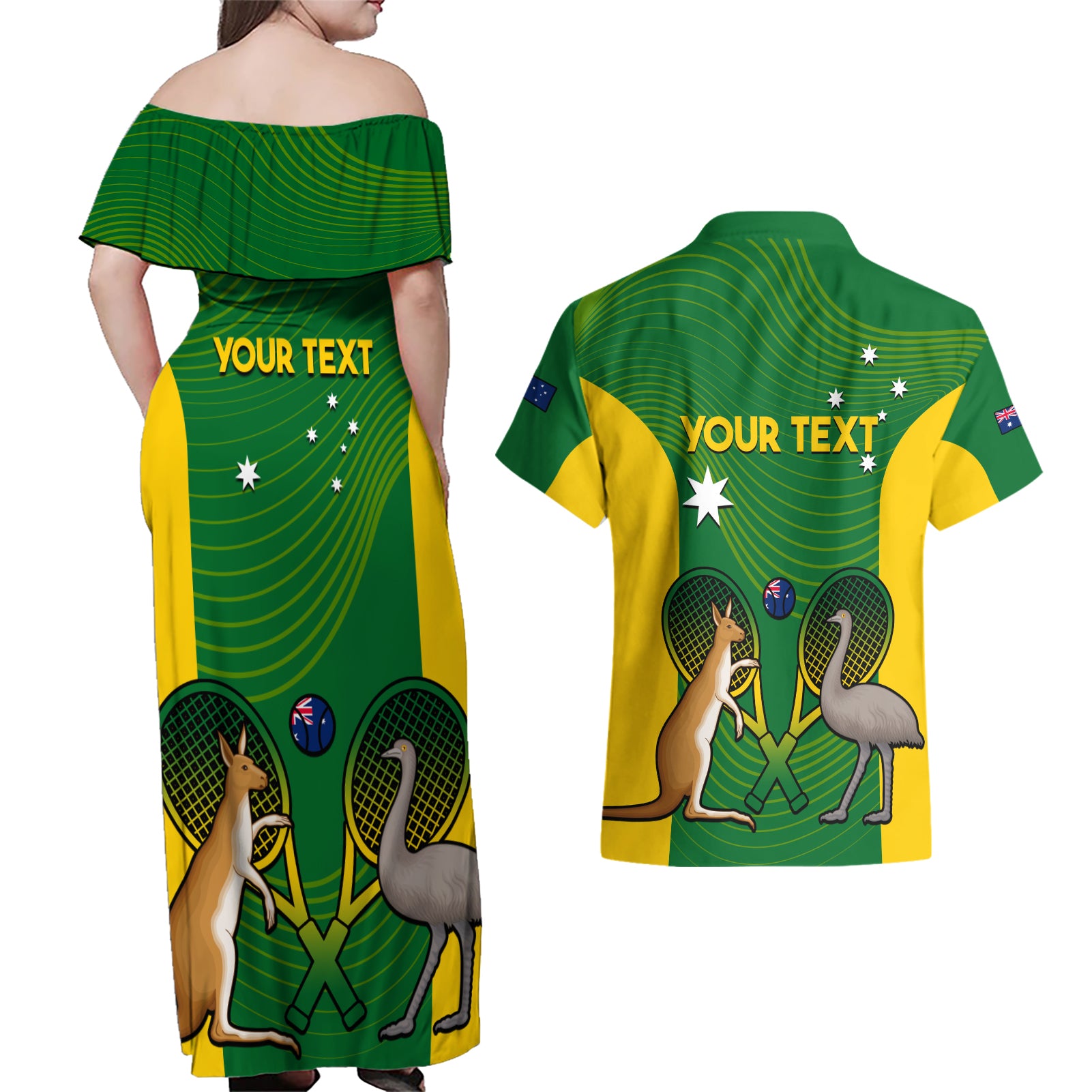 Personalised Australia Tennis Couples Matching Off Shoulder Maxi Dress and Hawaiian Shirt Aussie Pride National Color