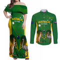 Personalised Australia Tennis Couples Matching Off Shoulder Maxi Dress and Long Sleeve Button Shirt Aussie Pride National Color