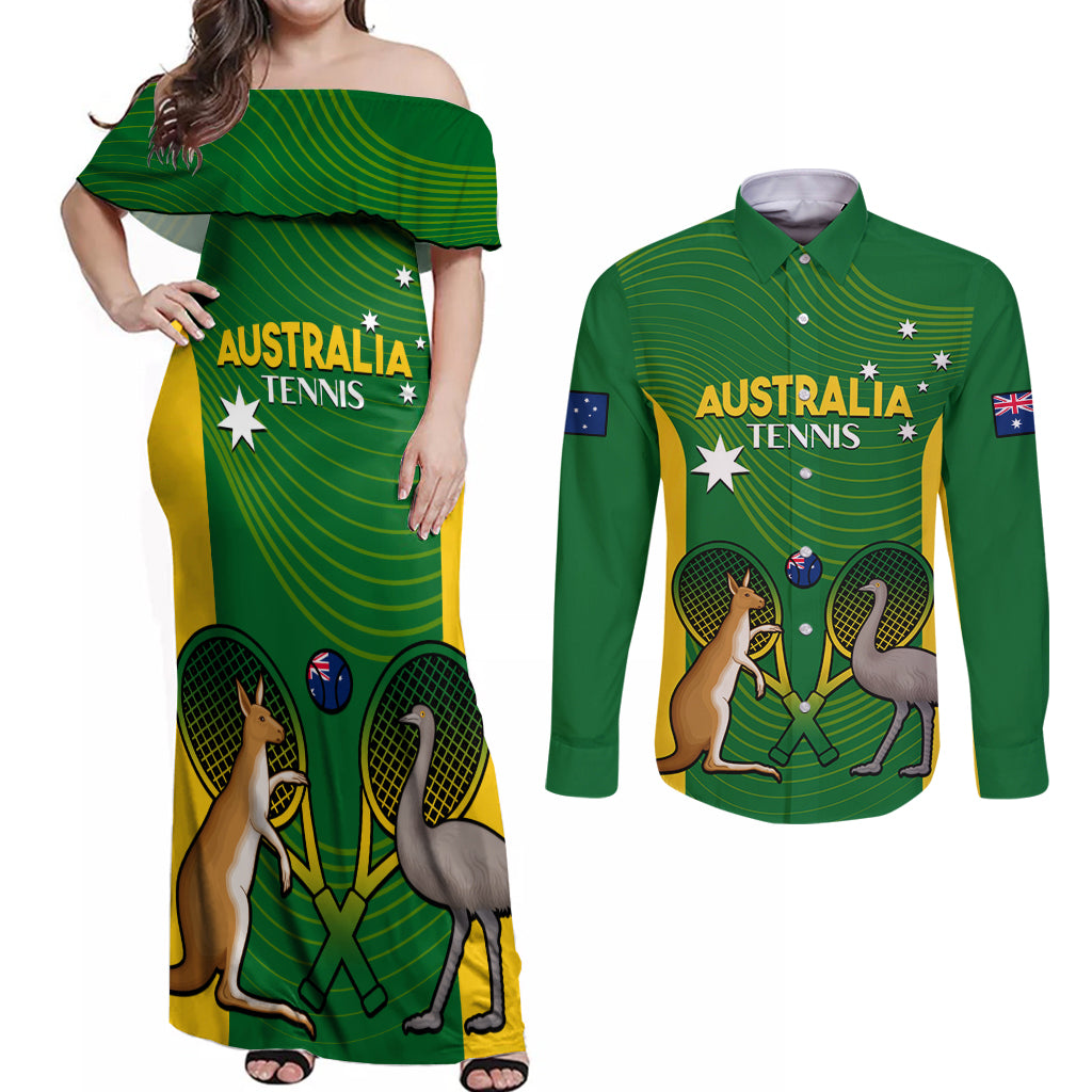 Personalised Australia Tennis Couples Matching Off Shoulder Maxi Dress and Long Sleeve Button Shirt Aussie Pride National Color