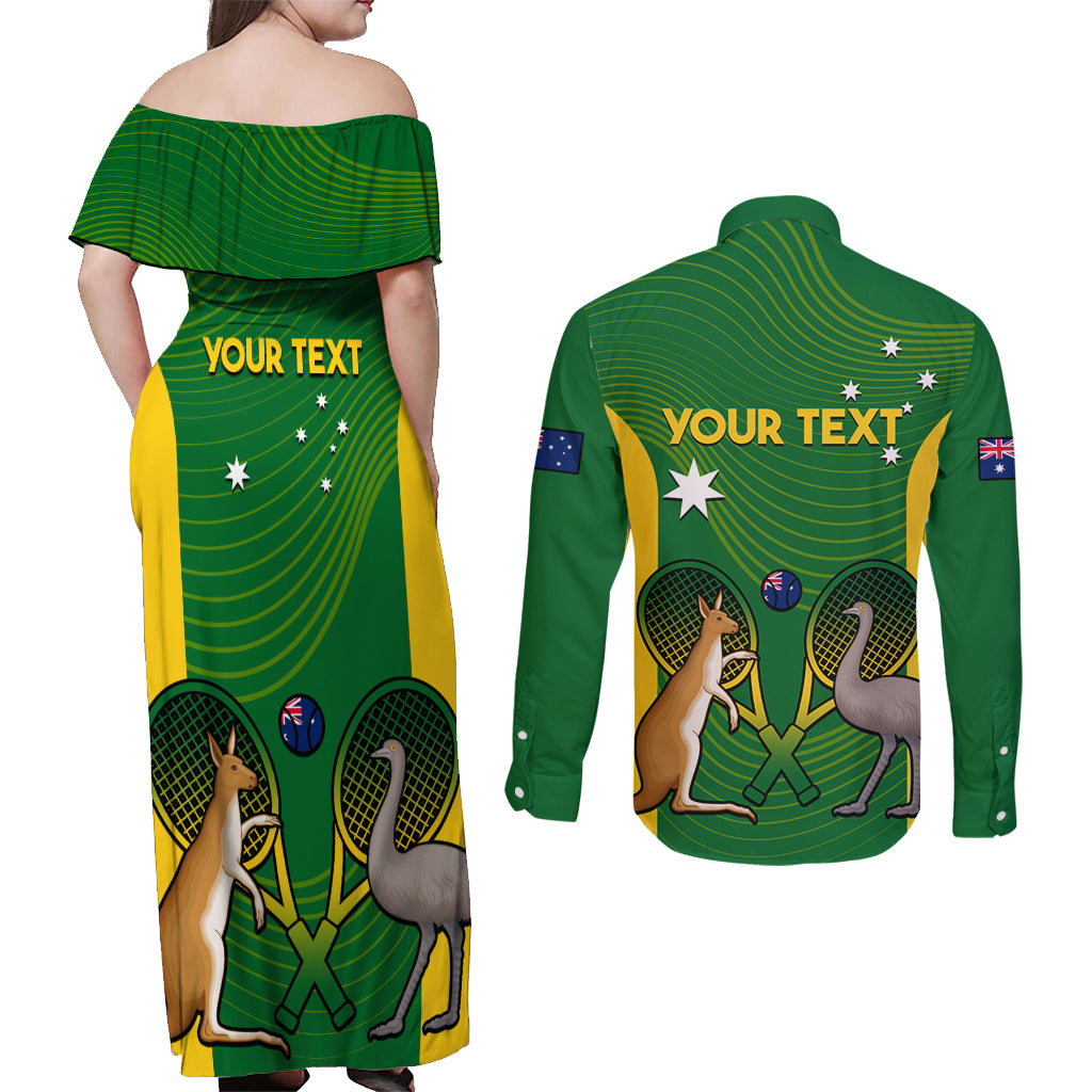 Personalised Australia Tennis Couples Matching Off Shoulder Maxi Dress and Long Sleeve Button Shirt Aussie Pride National Color