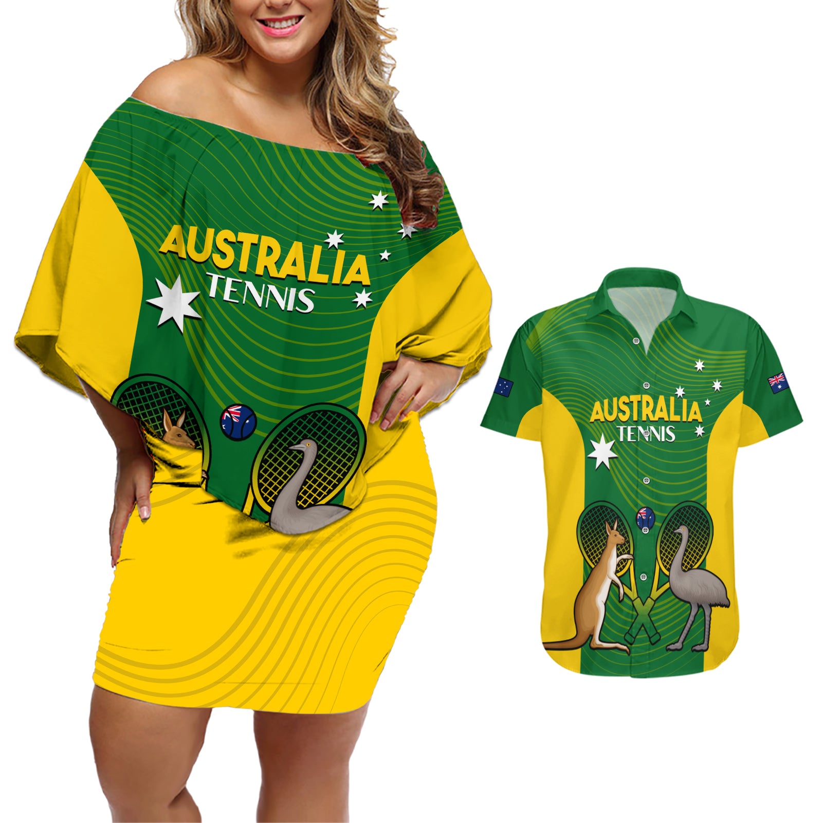 Personalised Australia Tennis Couples Matching Off Shoulder Short Dress and Hawaiian Shirt Aussie Pride National Color