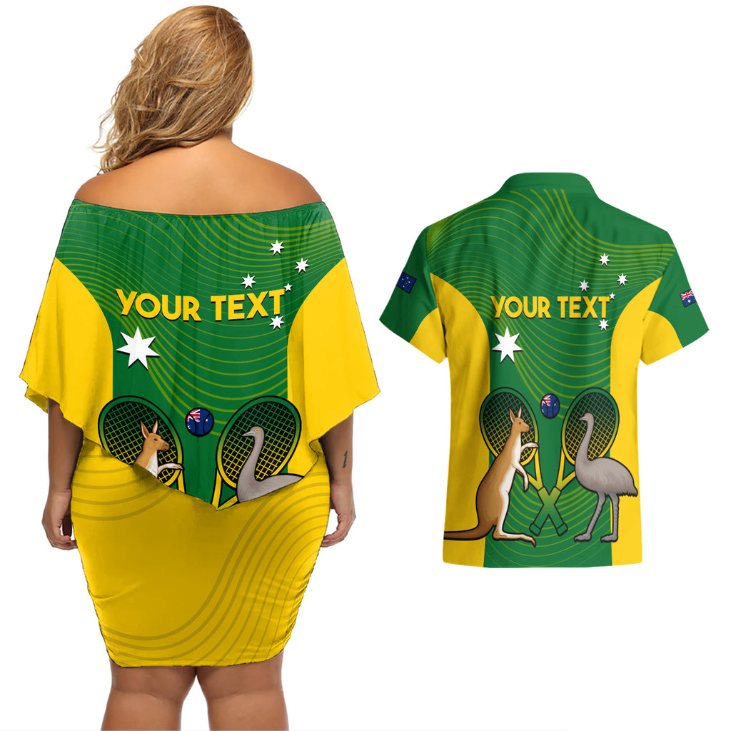 Personalised Australia Tennis Couples Matching Off Shoulder Short Dress and Hawaiian Shirt Aussie Pride National Color
