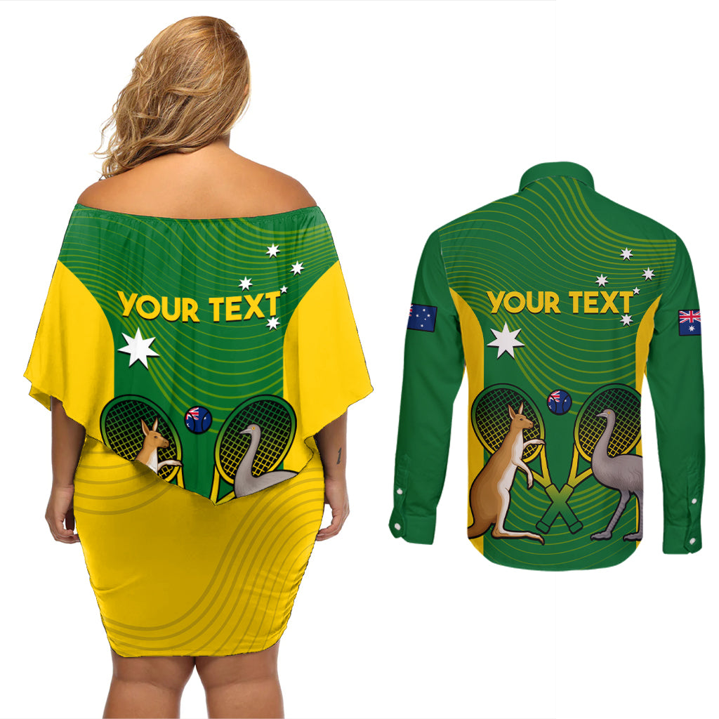 Personalised Australia Tennis Couples Matching Off Shoulder Short Dress and Long Sleeve Button Shirt Aussie Pride National Color