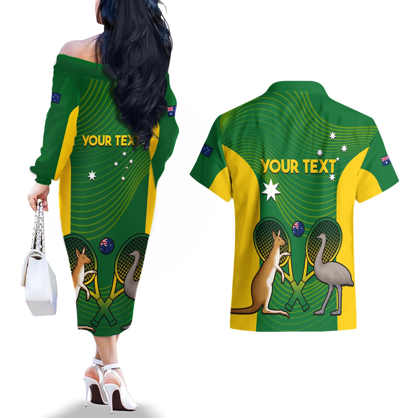 Personalised Australia Tennis Couples Matching Off The Shoulder Long Sleeve Dress and Hawaiian Shirt Aussie Pride National Color