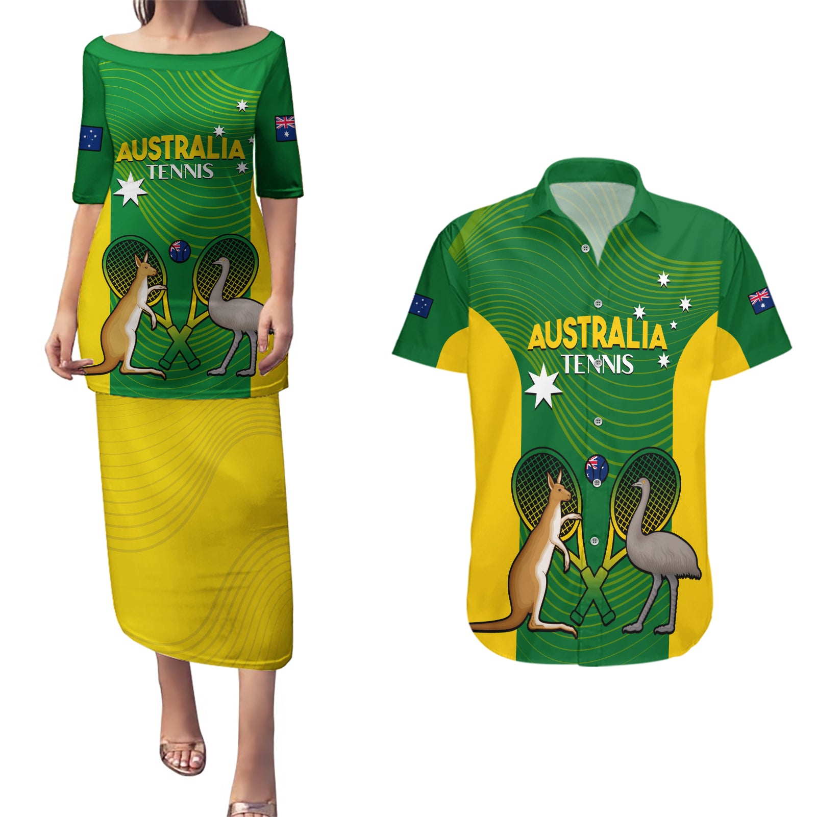 Personalised Australia Tennis Couples Matching Puletasi and Hawaiian Shirt Aussie Pride National Color