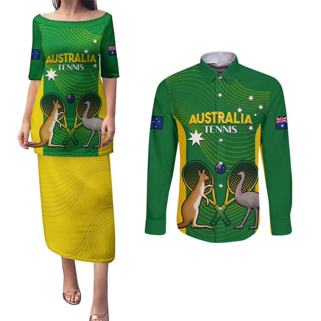 Personalised Australia Tennis Couples Matching Puletasi and Long Sleeve Button Shirt Aussie Pride National Color