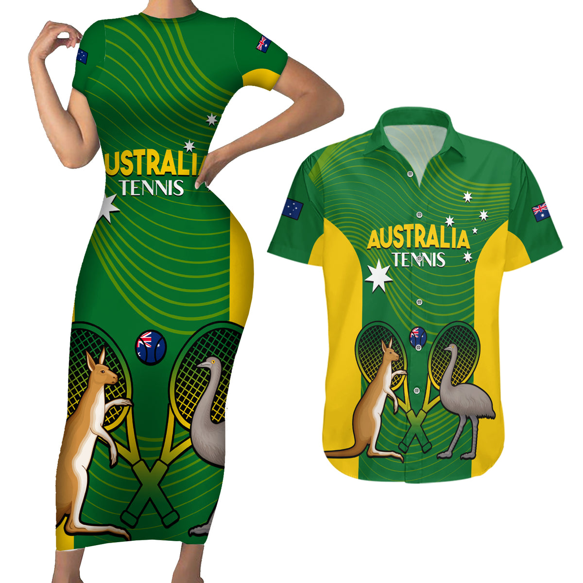 Personalised Australia Tennis Couples Matching Short Sleeve Bodycon Dress and Hawaiian Shirt Aussie Pride National Color