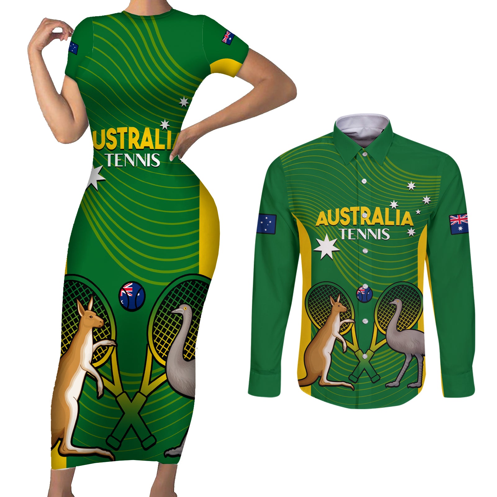 Personalised Australia Tennis Couples Matching Short Sleeve Bodycon Dress and Long Sleeve Button Shirt Aussie Pride National Color