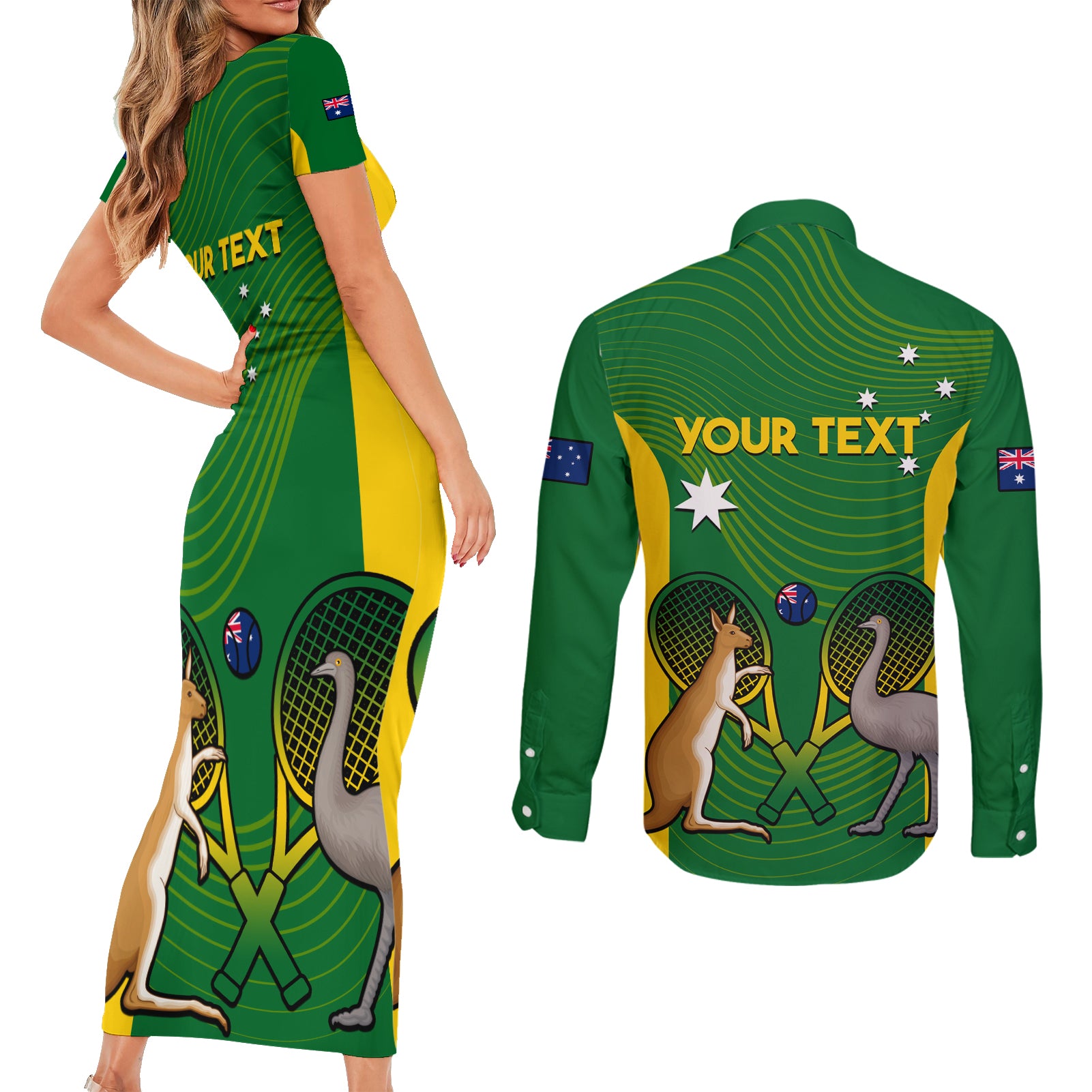 Personalised Australia Tennis Couples Matching Short Sleeve Bodycon Dress and Long Sleeve Button Shirt Aussie Pride National Color
