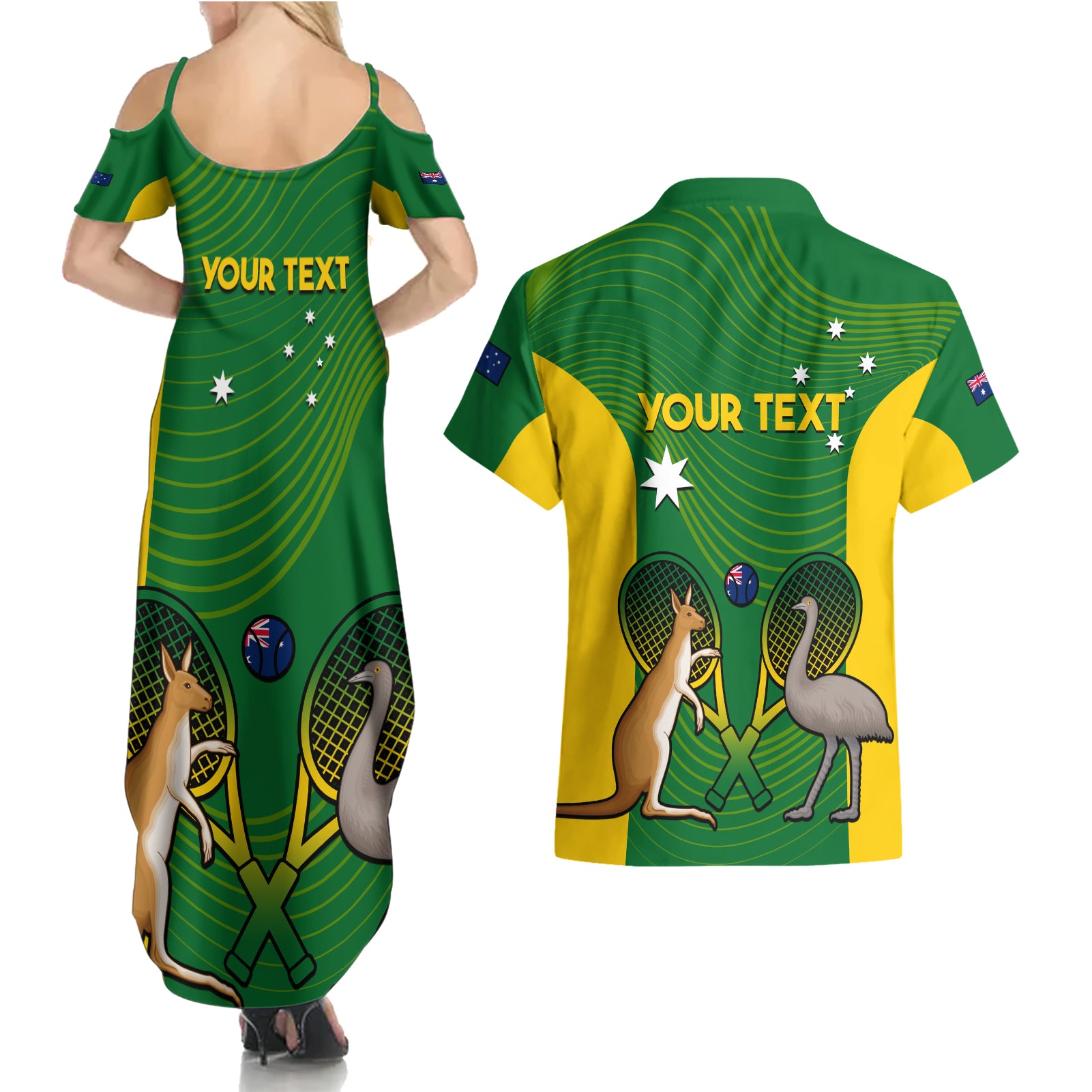 Personalised Australia Tennis Couples Matching Summer Maxi Dress and Hawaiian Shirt Aussie Pride National Color