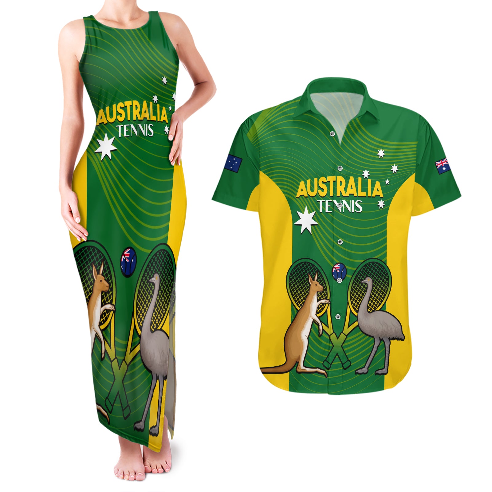 Personalised Australia Tennis Couples Matching Tank Maxi Dress and Hawaiian Shirt Aussie Pride National Color