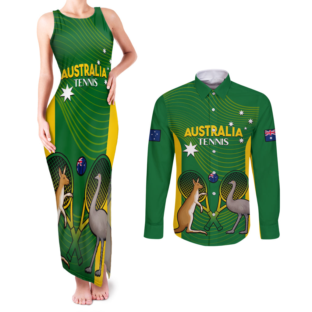 Personalised Australia Tennis Couples Matching Tank Maxi Dress and Long Sleeve Button Shirt Aussie Pride National Color