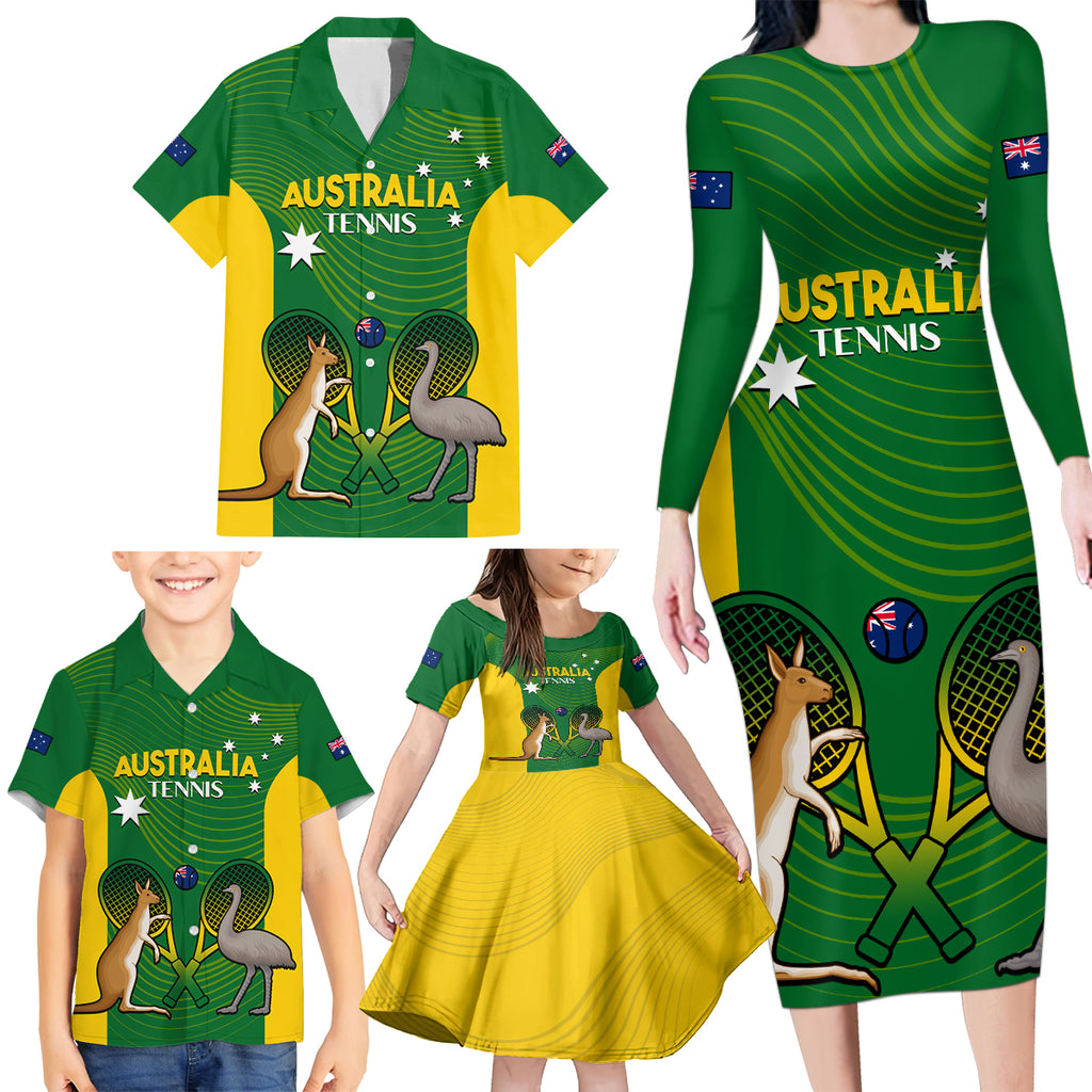 Personalised Australia Tennis Family Matching Long Sleeve Bodycon Dress and Hawaiian Shirt Aussie Pride National Color