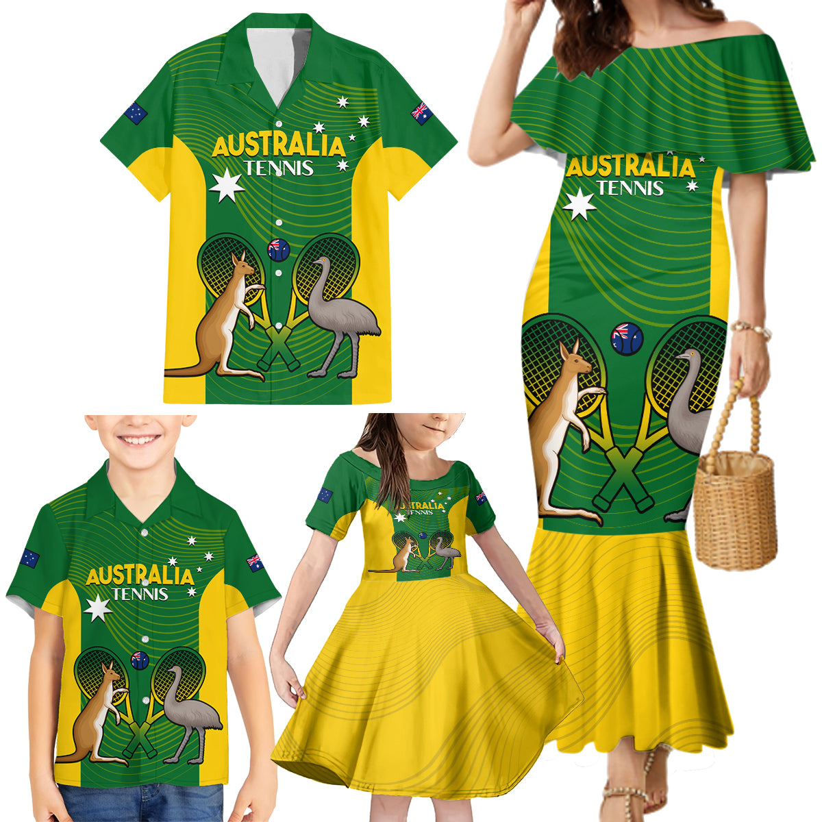 Personalised Australia Tennis Family Matching Mermaid Dress and Hawaiian Shirt Aussie Pride National Color