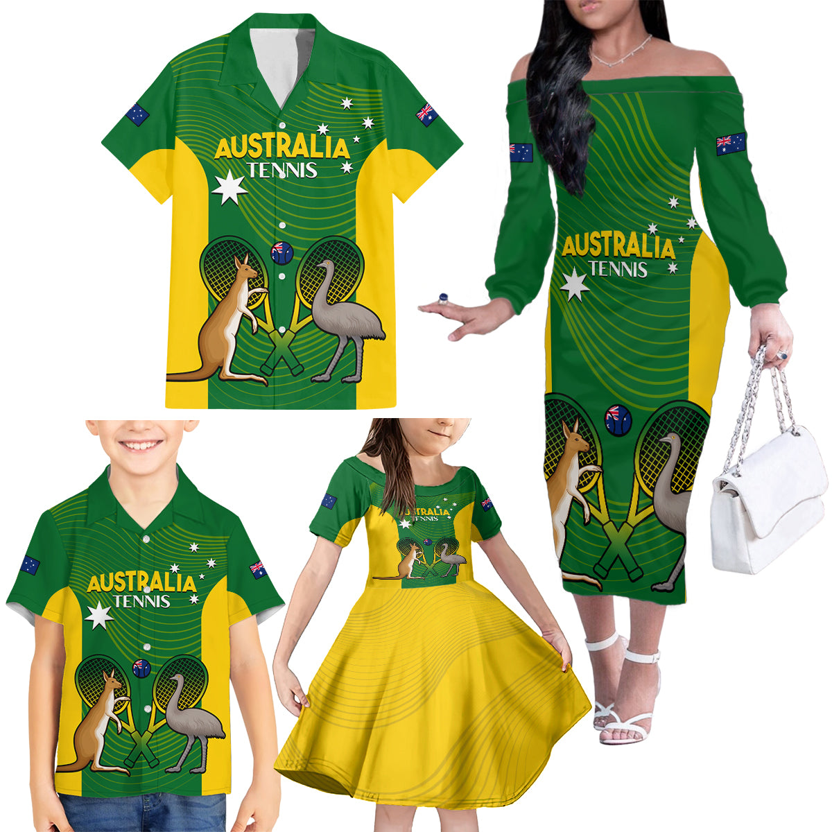 Personalised Australia Tennis Family Matching Off Shoulder Long Sleeve Dress and Hawaiian Shirt Aussie Pride National Color