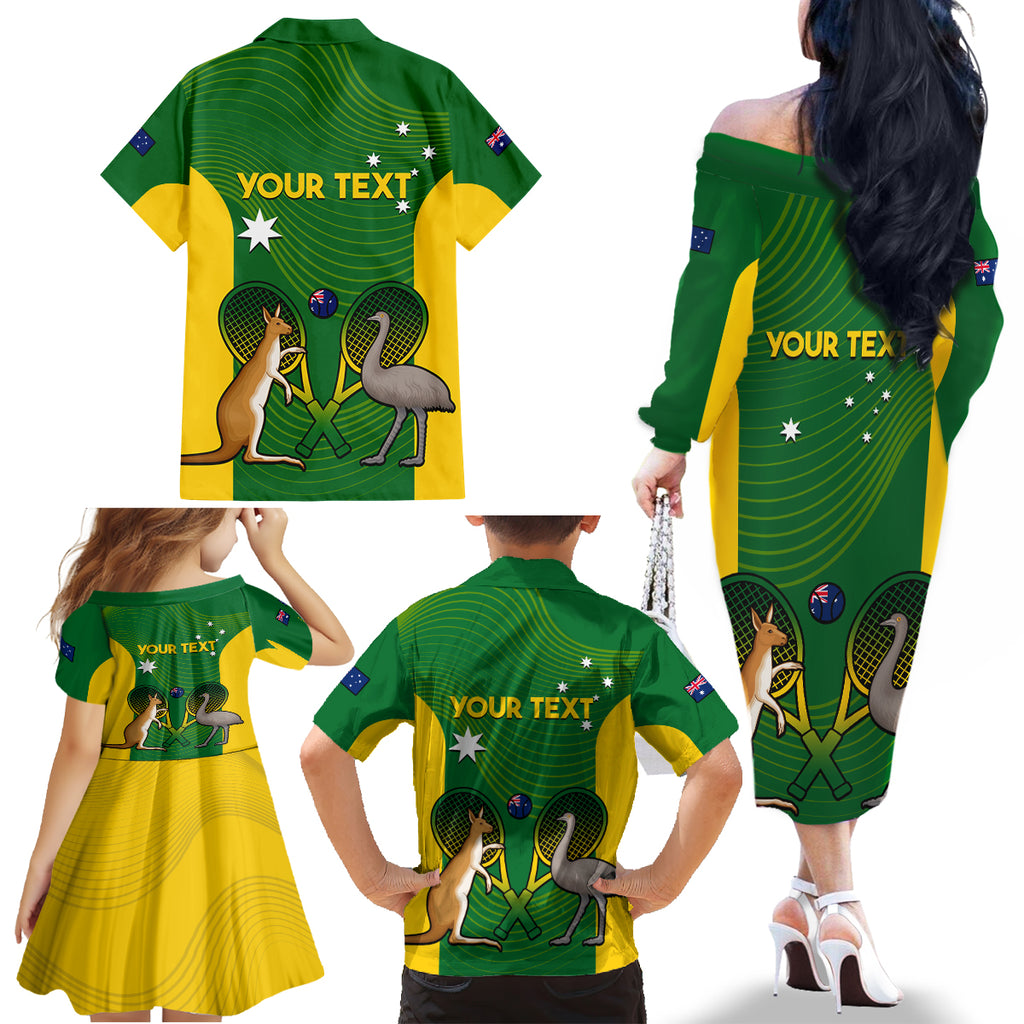 Personalised Australia Tennis Family Matching Off Shoulder Long Sleeve Dress and Hawaiian Shirt Aussie Pride National Color