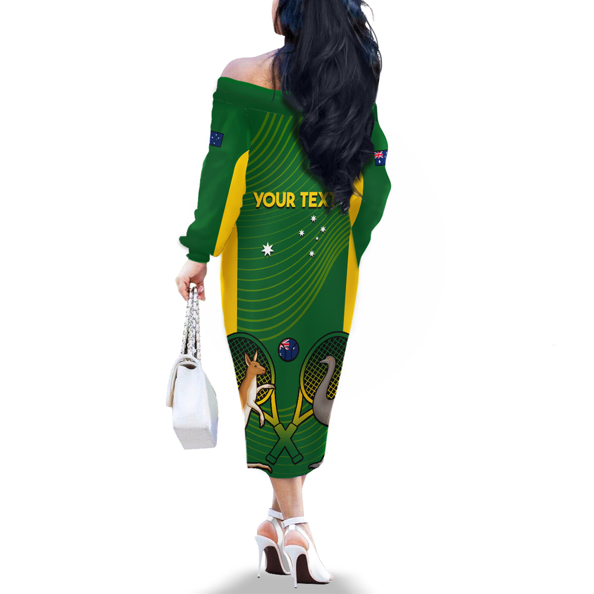 Personalised Australia Tennis Family Matching Off Shoulder Long Sleeve Dress and Hawaiian Shirt Aussie Pride National Color