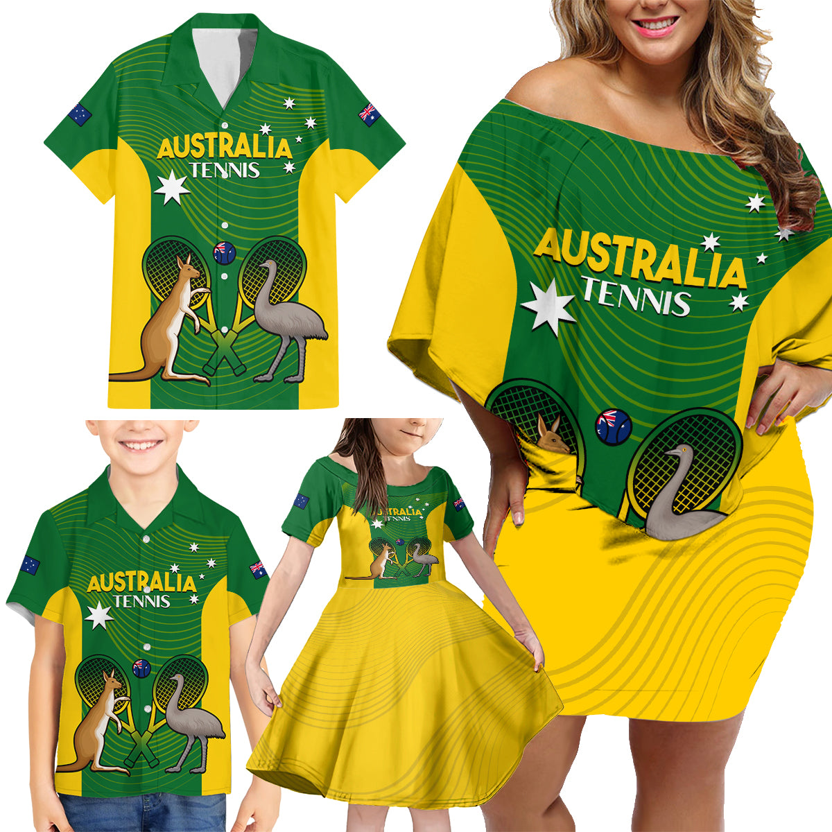 Personalised Australia Tennis Family Matching Off Shoulder Short Dress and Hawaiian Shirt Aussie Pride National Color