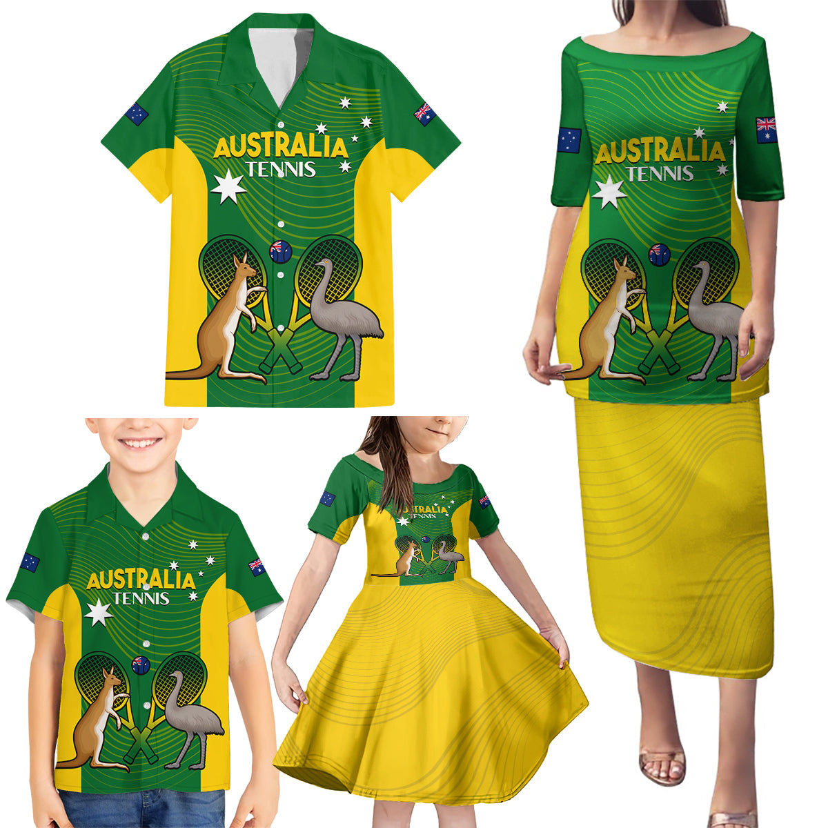 Personalised Australia Tennis Family Matching Puletasi and Hawaiian Shirt Aussie Pride National Color