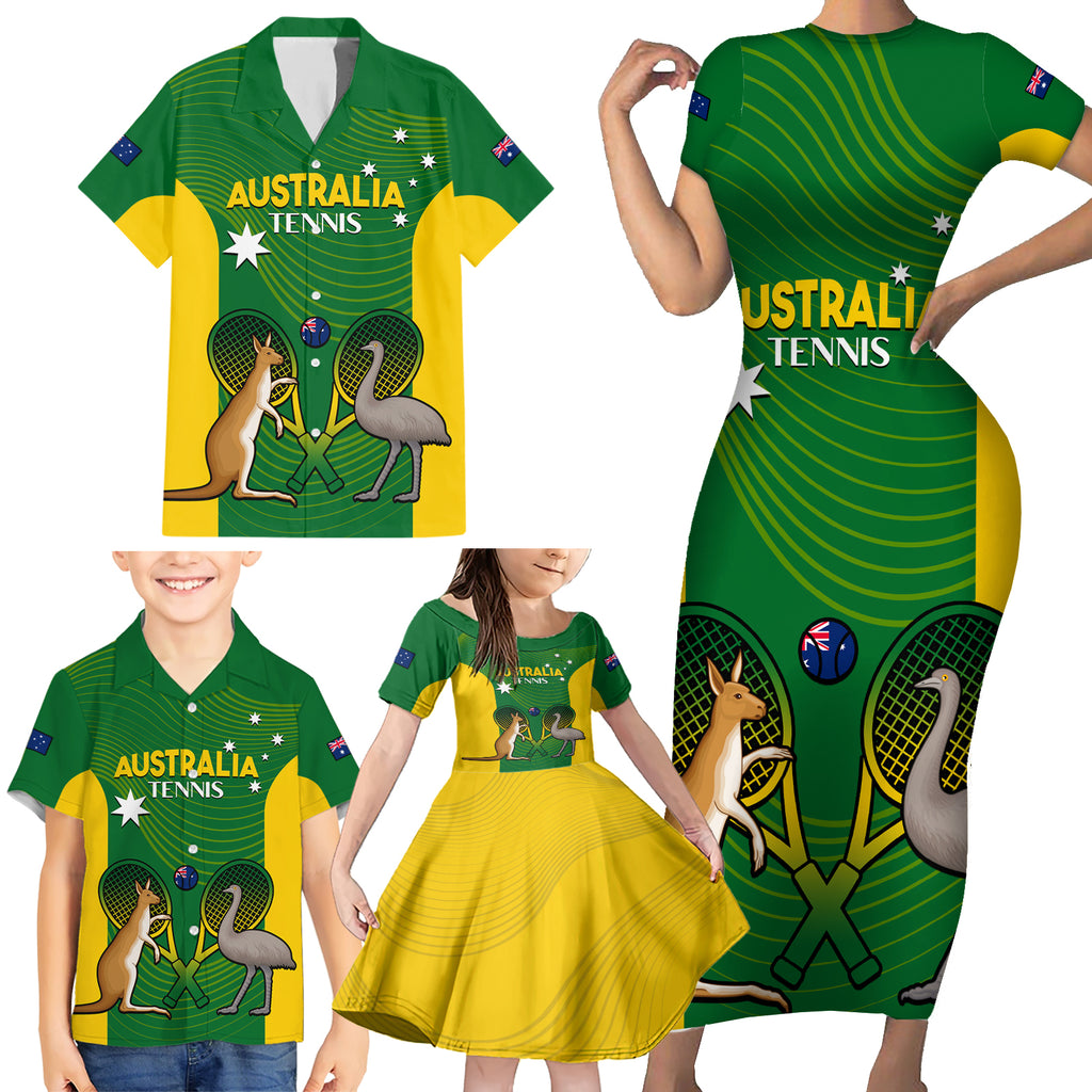 Personalised Australia Tennis Family Matching Short Sleeve Bodycon Dress and Hawaiian Shirt Aussie Pride National Color