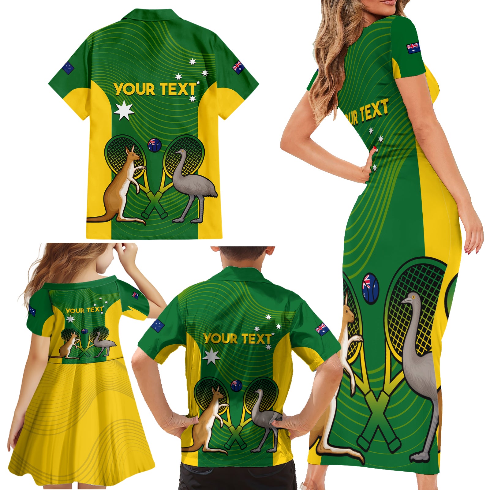 Personalised Australia Tennis Family Matching Short Sleeve Bodycon Dress and Hawaiian Shirt Aussie Pride National Color