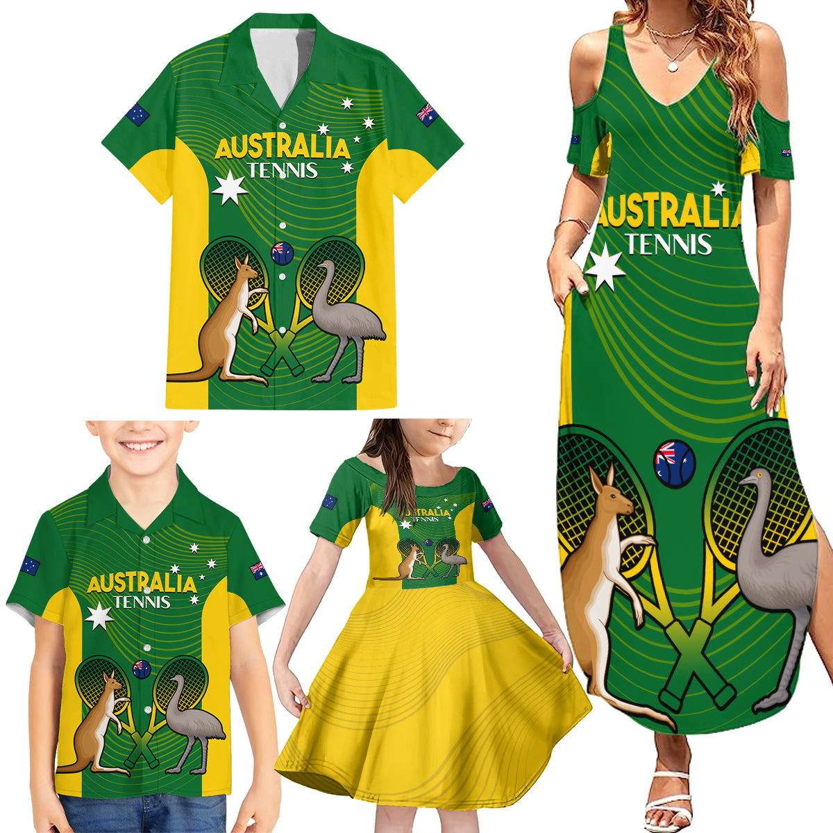 Personalised Australia Tennis Family Matching Summer Maxi Dress and Hawaiian Shirt Aussie Pride National Color