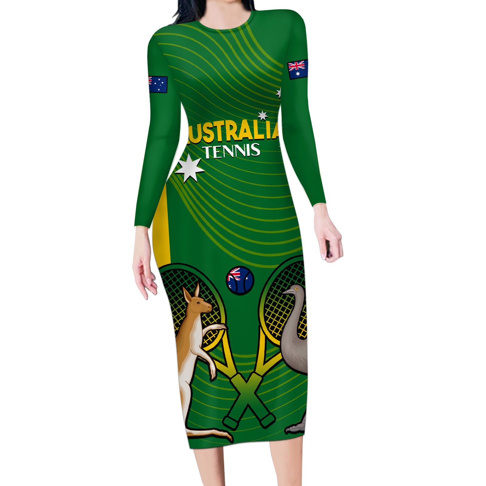Personalised Australia Tennis Long Sleeve Bodycon Dress Aussie Pride National Color