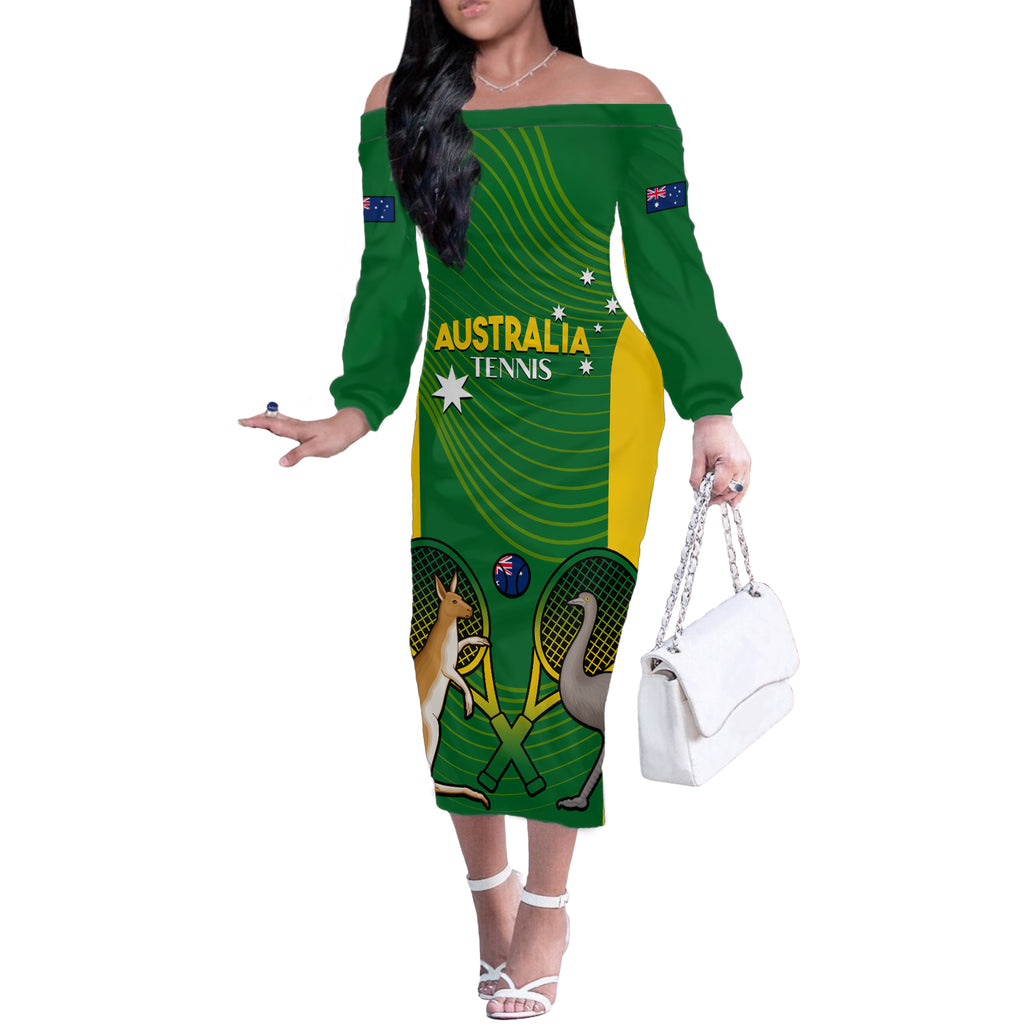 Personalised Australia Tennis Off The Shoulder Long Sleeve Dress Aussie Pride National Color