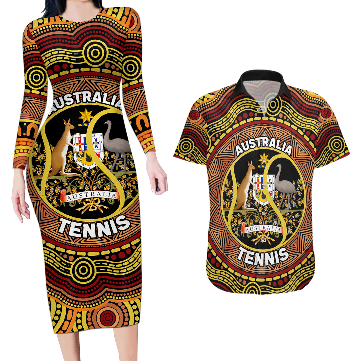 Personalised Australia Tennis Couples Matching Long Sleeve Bodycon Dress and Hawaiian Shirt Aussie Indigenous Art