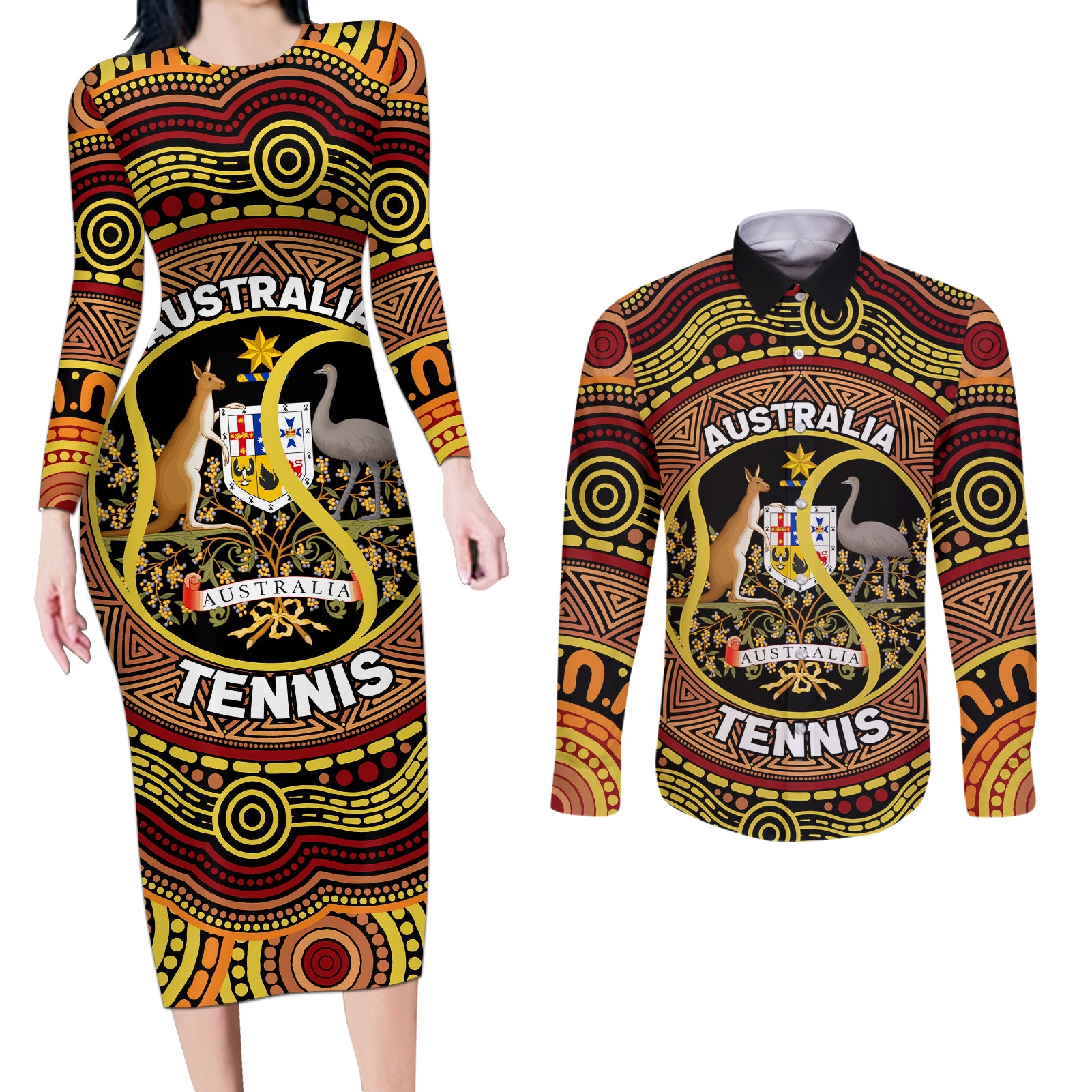 Personalised Australia Tennis Couples Matching Long Sleeve Bodycon Dress and Long Sleeve Button Shirt Aussie Indigenous Art