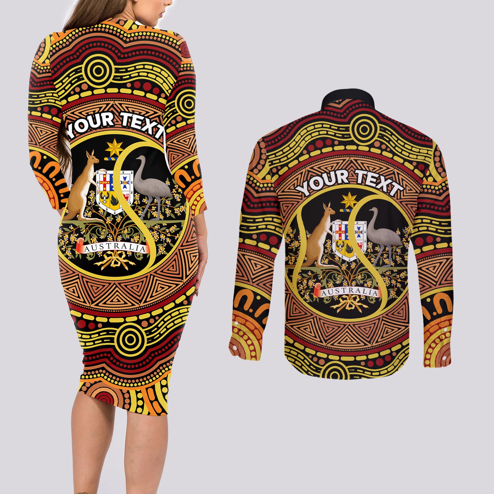 Personalised Australia Tennis Couples Matching Long Sleeve Bodycon Dress and Long Sleeve Button Shirt Aussie Indigenous Art
