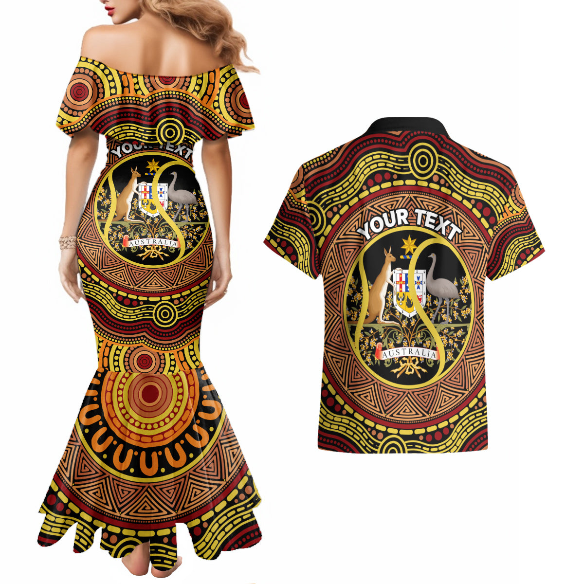 Personalised Australia Tennis Couples Matching Mermaid Dress and Hawaiian Shirt Aussie Indigenous Art