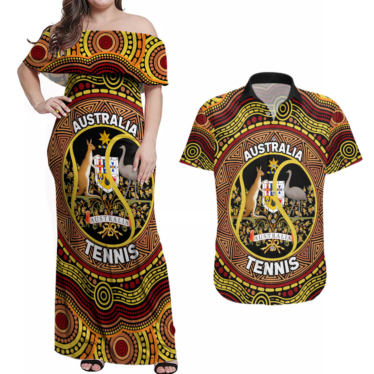 Personalised Australia Tennis Couples Matching Off Shoulder Maxi Dress and Hawaiian Shirt Aussie Indigenous Art
