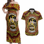 Personalised Australia Tennis Couples Matching Off Shoulder Maxi Dress and Hawaiian Shirt Aussie Indigenous Art