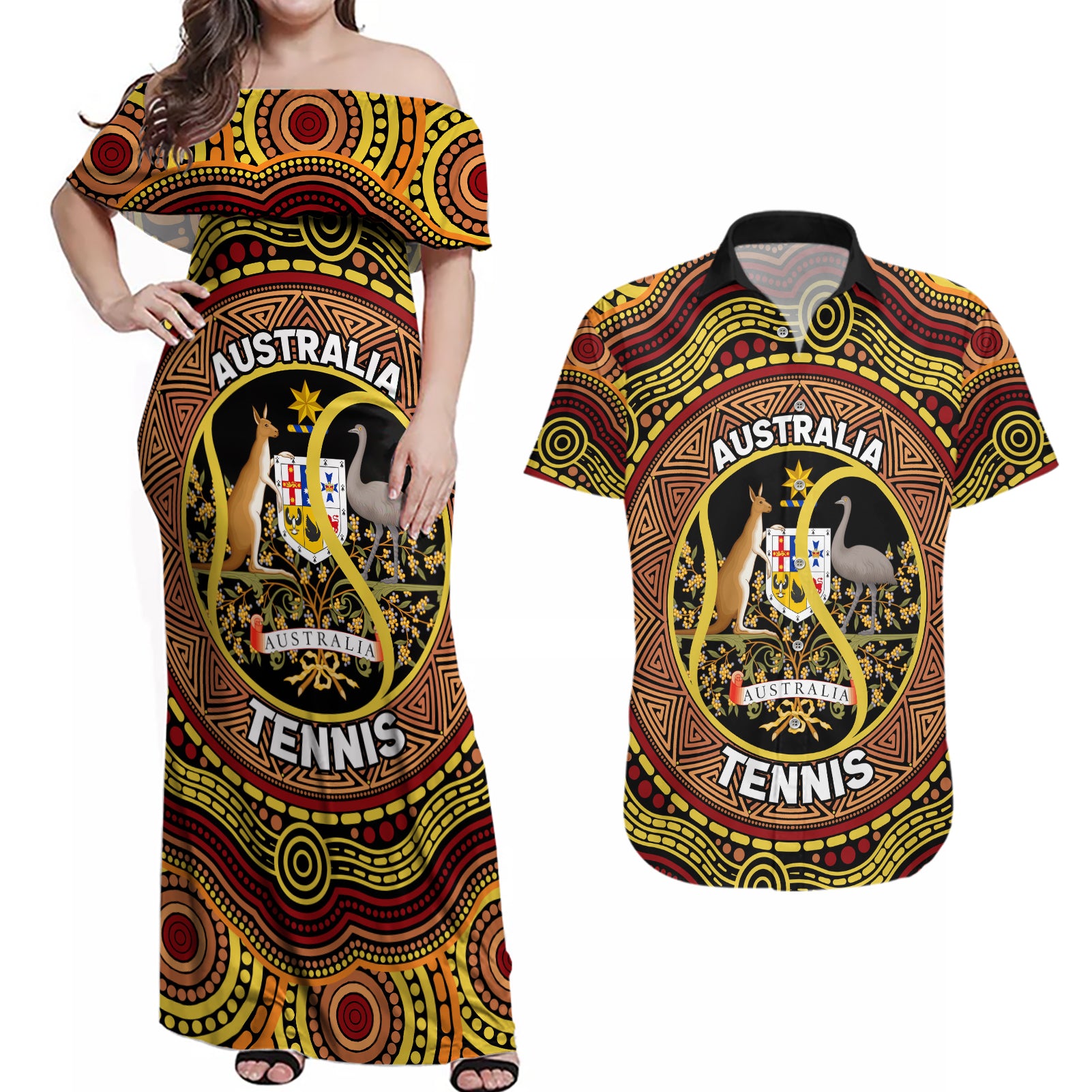 Personalised Australia Tennis Couples Matching Off Shoulder Maxi Dress and Hawaiian Shirt Aussie Indigenous Art