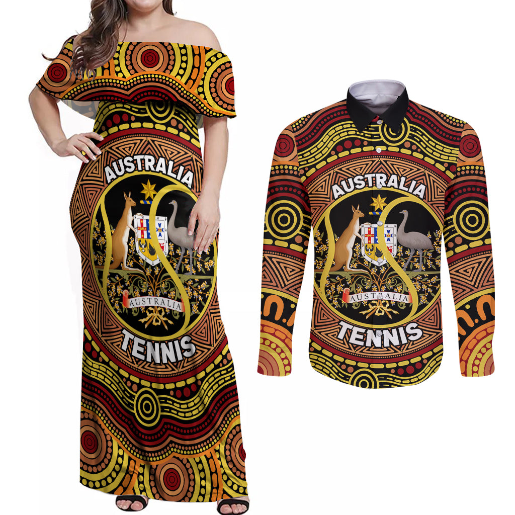 Personalised Australia Tennis Couples Matching Off Shoulder Maxi Dress and Long Sleeve Button Shirt Aussie Indigenous Art