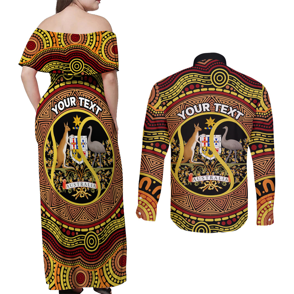 Personalised Australia Tennis Couples Matching Off Shoulder Maxi Dress and Long Sleeve Button Shirt Aussie Indigenous Art
