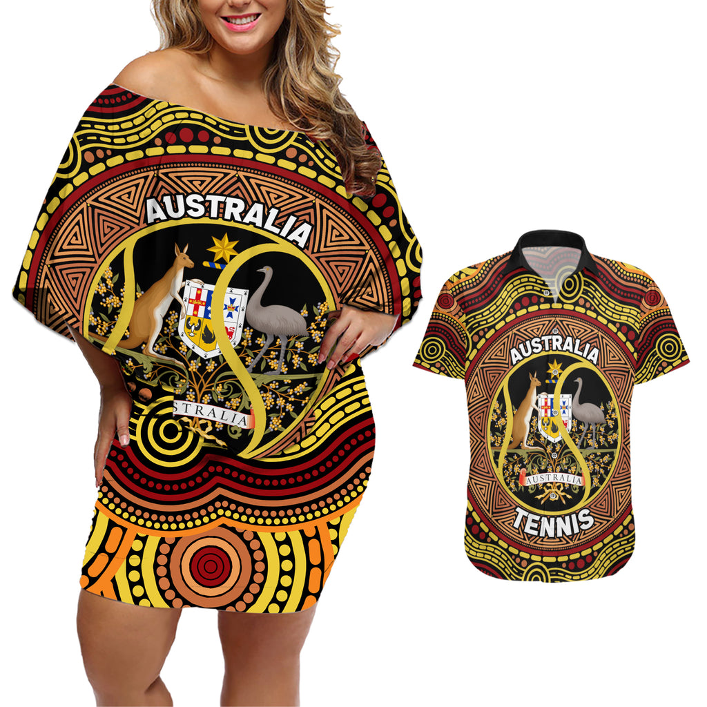 Personalised Australia Tennis Couples Matching Off Shoulder Short Dress and Hawaiian Shirt Aussie Indigenous Art