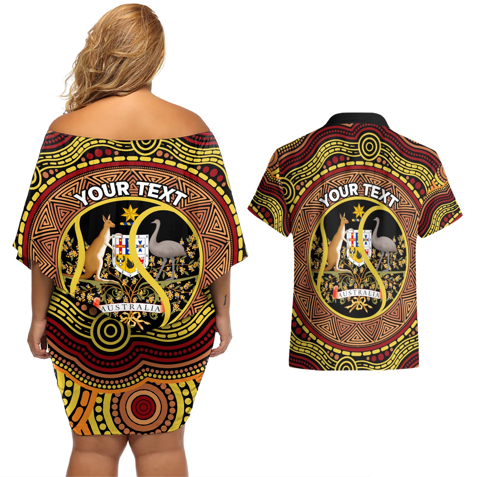 Personalised Australia Tennis Couples Matching Off Shoulder Short Dress and Hawaiian Shirt Aussie Indigenous Art