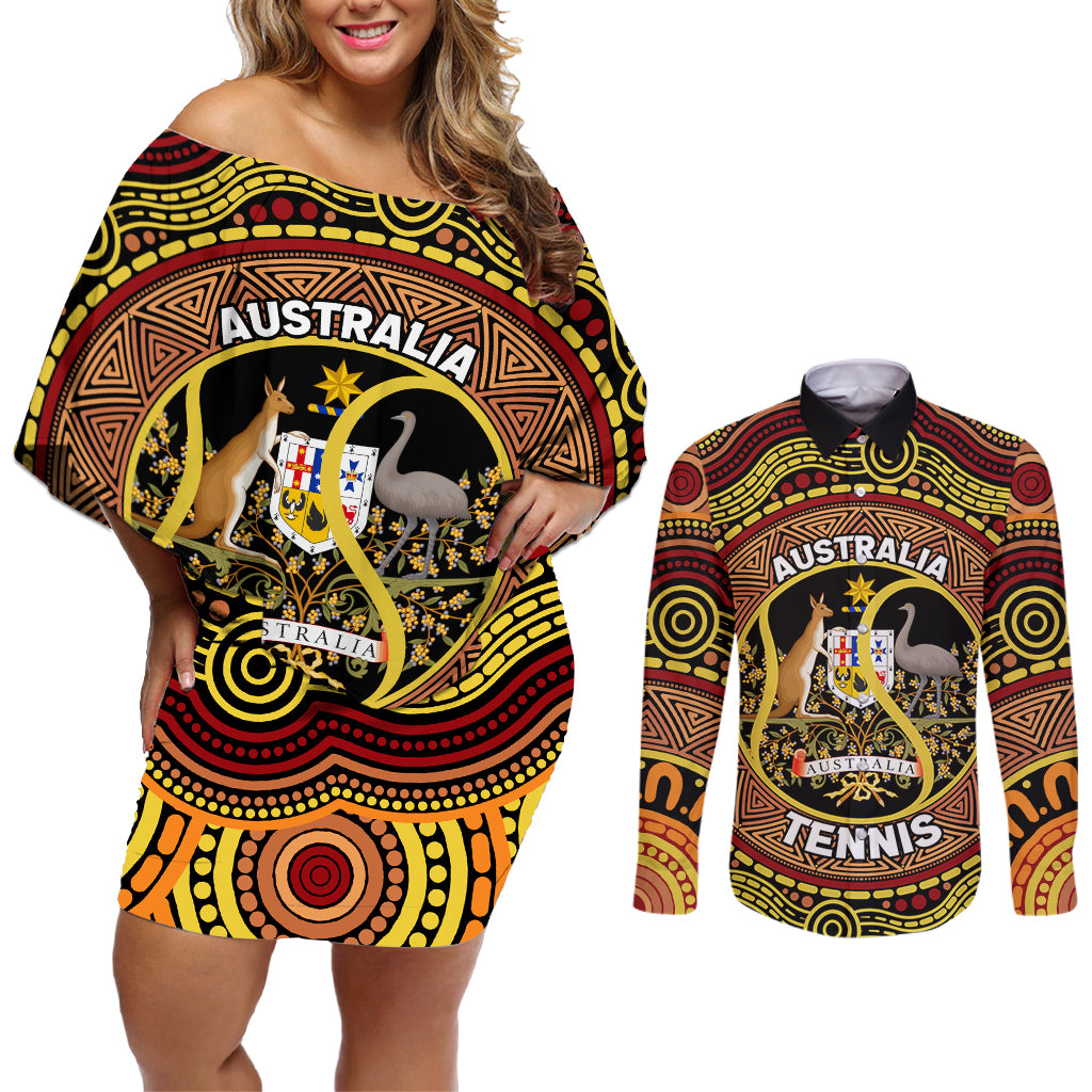 Personalised Australia Tennis Couples Matching Off Shoulder Short Dress and Long Sleeve Button Shirt Aussie Indigenous Art