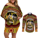 Personalised Australia Tennis Couples Matching Off Shoulder Short Dress and Long Sleeve Button Shirt Aussie Indigenous Art