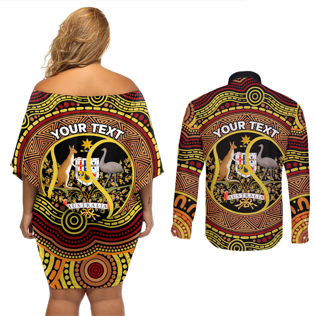 Personalised Australia Tennis Couples Matching Off Shoulder Short Dress and Long Sleeve Button Shirt Aussie Indigenous Art