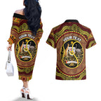 Personalised Australia Tennis Couples Matching Off The Shoulder Long Sleeve Dress and Hawaiian Shirt Aussie Indigenous Art