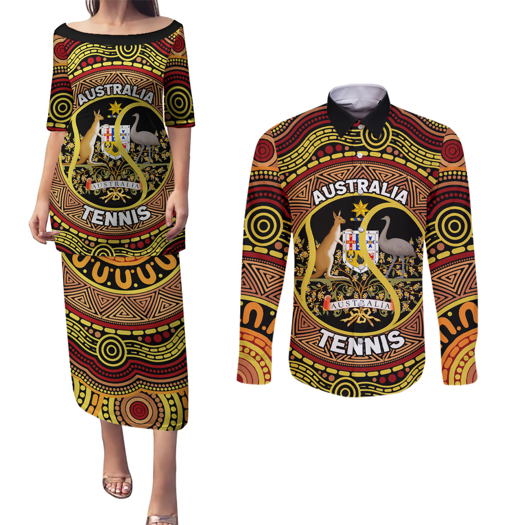 Personalised Australia Tennis Couples Matching Puletasi and Long Sleeve Button Shirt Aussie Indigenous Art