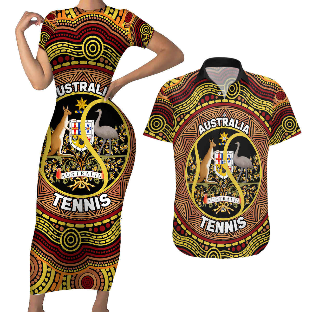 Personalised Australia Tennis Couples Matching Short Sleeve Bodycon Dress and Hawaiian Shirt Aussie Indigenous Art