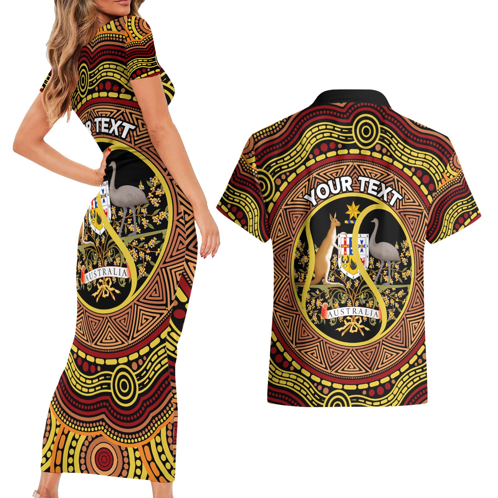 Personalised Australia Tennis Couples Matching Short Sleeve Bodycon Dress and Hawaiian Shirt Aussie Indigenous Art