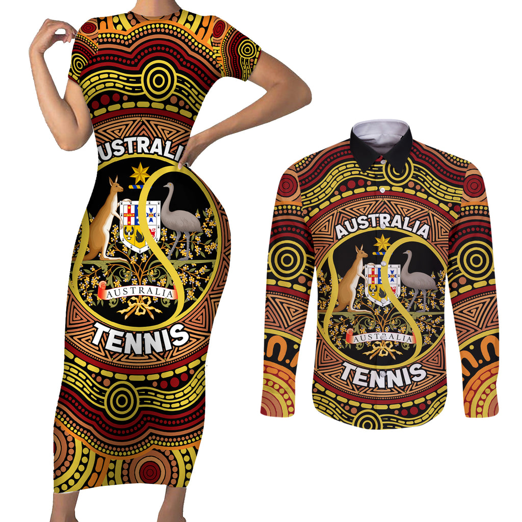 Personalised Australia Tennis Couples Matching Short Sleeve Bodycon Dress and Long Sleeve Button Shirt Aussie Indigenous Art